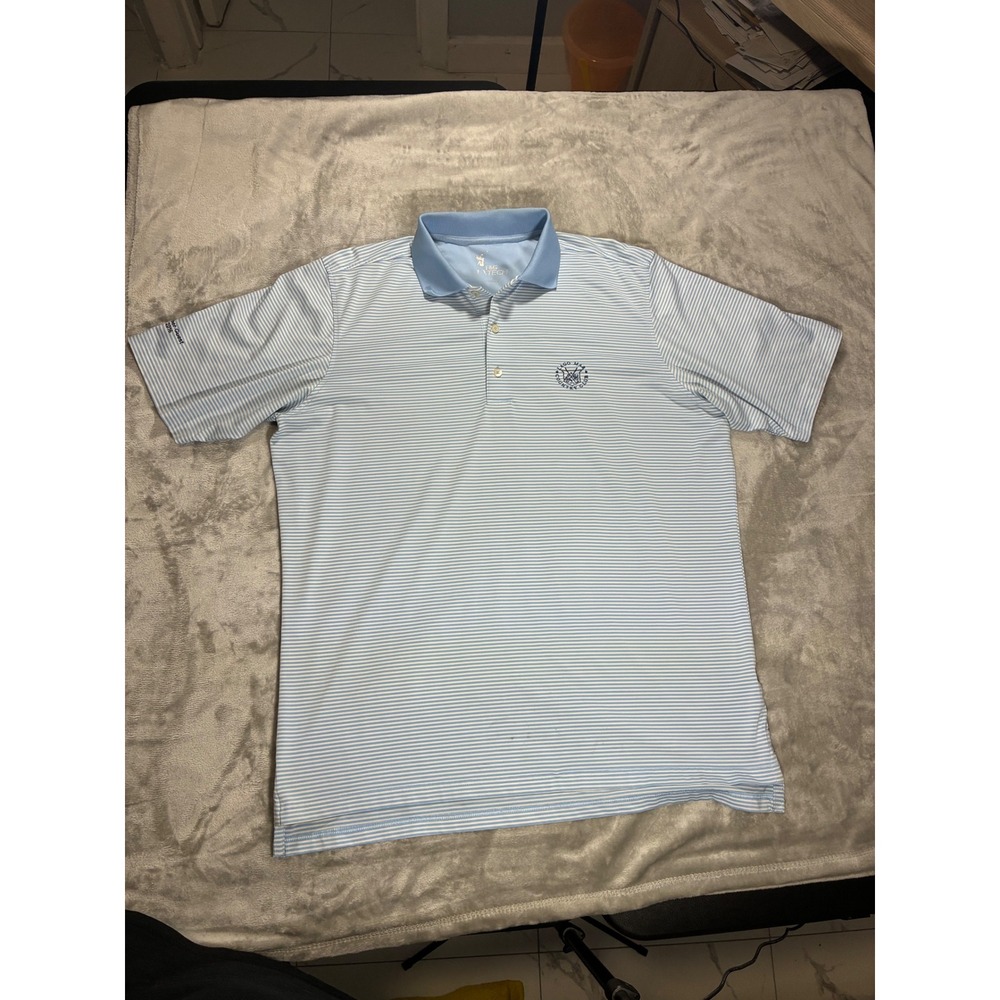 F&G Tech Mens Polo Shirt Large Blue White Striped Lago Mar Country Club 2016